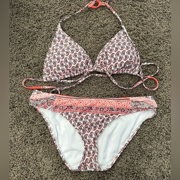 ATHLETA 2PC Bikini Tie TOP BIKINI BOTTOM SWIMSUIT Size S/L Brown/Orange Paisley - Picture 1 of 5